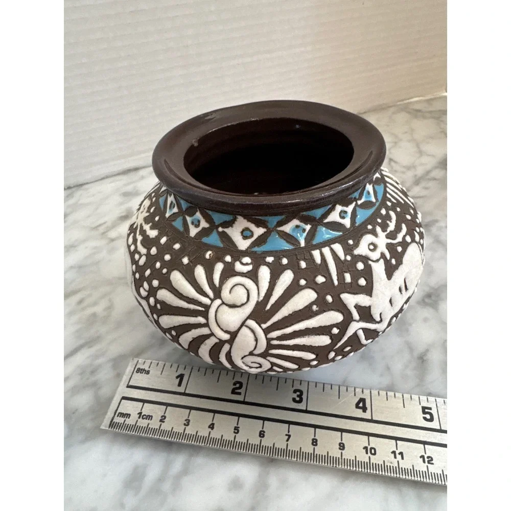 Neofitou Keramik Rhodes Greece Hand Painted Deer Pottery Vase Brown Blue White